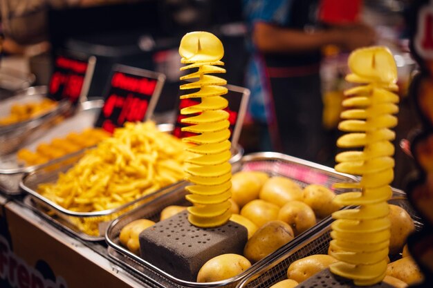 Spiral potatoes in a night street market