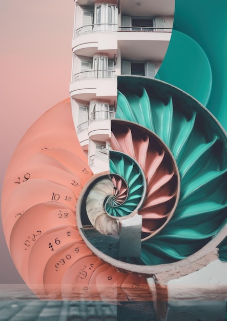 A spiral shaped building with a clock on top of it Generative AI image