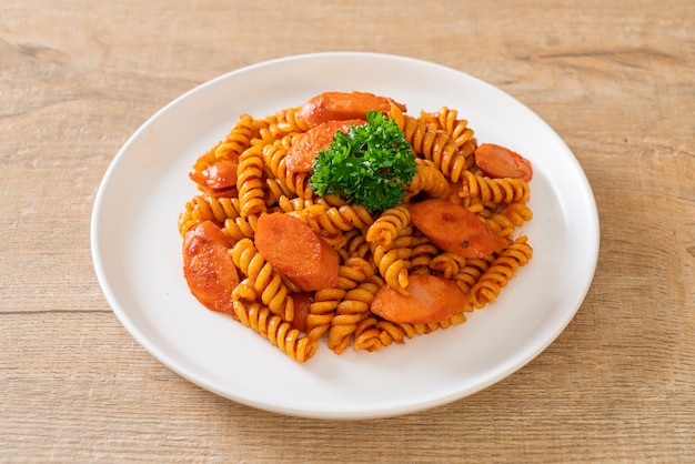 토마토 소스와 소시지를 곁들인 나선형 또는 나선형 파스타-이탈리아 음식 스타일