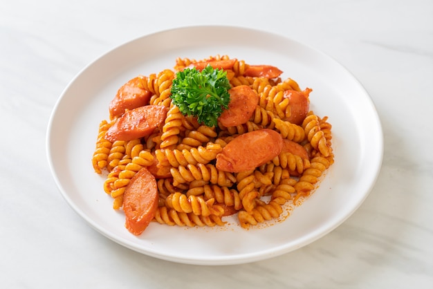 Pasta a spirale o spirali con salsa di pomodoro e salsiccia - stile alimentare italiano