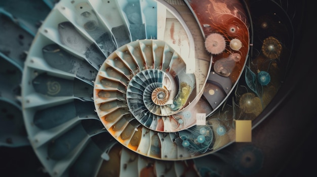 A spiral staircase in a building with a clock on it Generative AI image