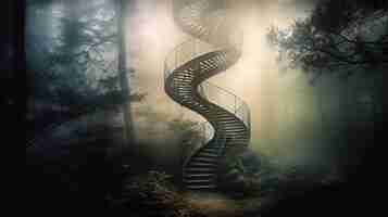 Photo a spiral staircase in a dark forest with a light shining on it.