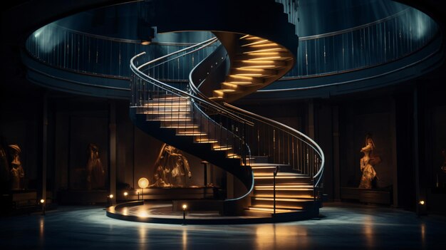 Photo a spiral staircase in a dark room with a light