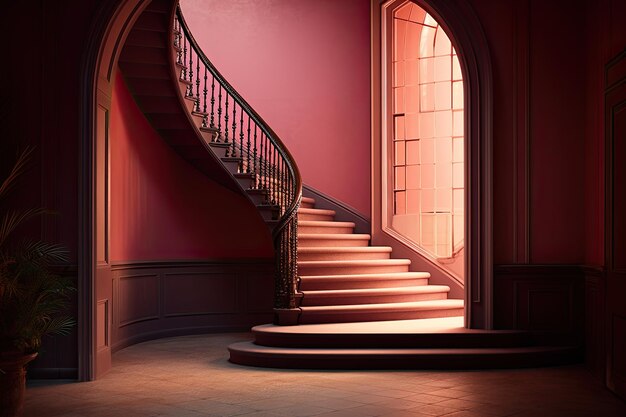 A spiral staircase in a dark room with a window