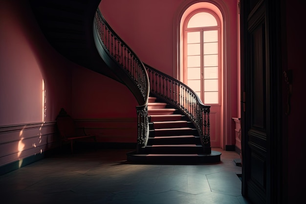 A spiral staircase in a red room with a window