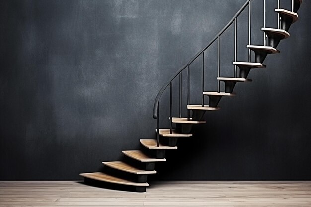 a spiral staircase in a room with a black wall