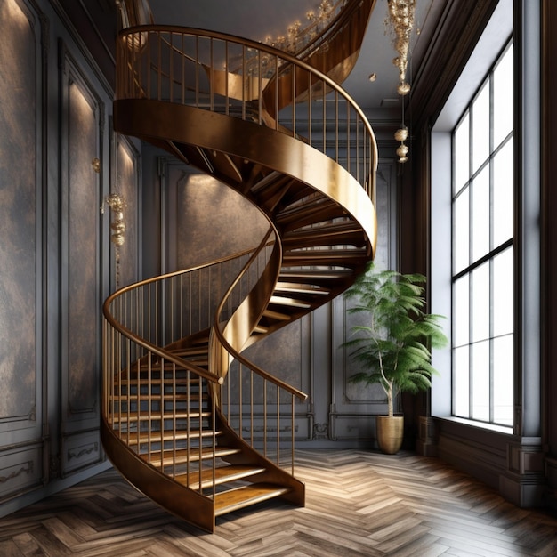 A spiral staircase in a room with a plant on the floor.