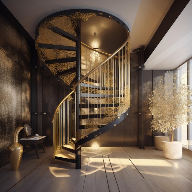 A spiral staircase in a room with a tree in the corner.