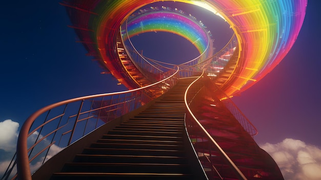 A spiral staircase with rainbow lights and a rainbow on the top.