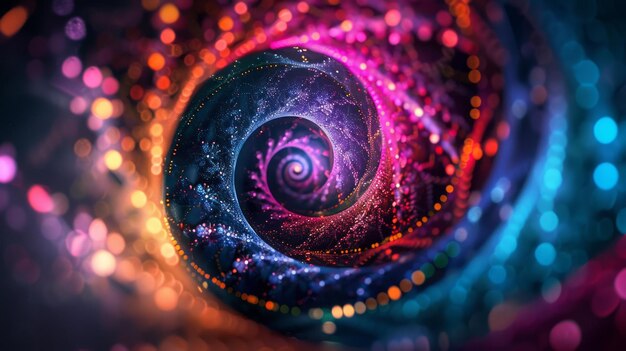 Spiral structure decorated with dew drops a spectrum of vibrant colors creating an abstract and mesmerizing effect filled with bokeh effect