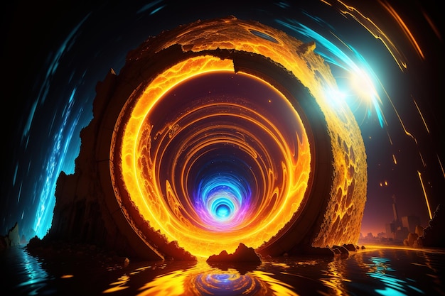 A spiral tunnel with blue and orange lights.