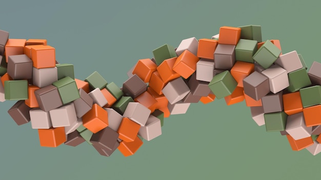 Photo spiral with orange green brown beige glossy cubes abstract illustration 3d render