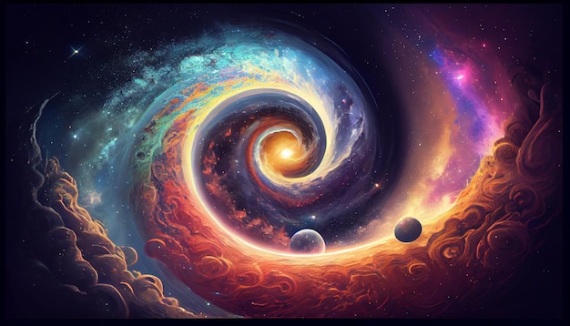 Спираль с планетами и звездами на ней
