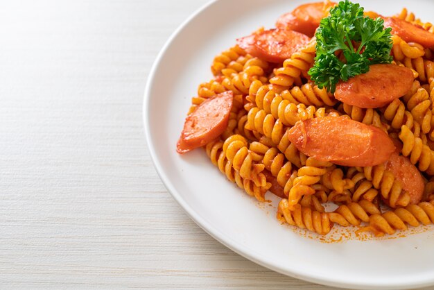 spirali of spirali pasta met tomatensaus en worst