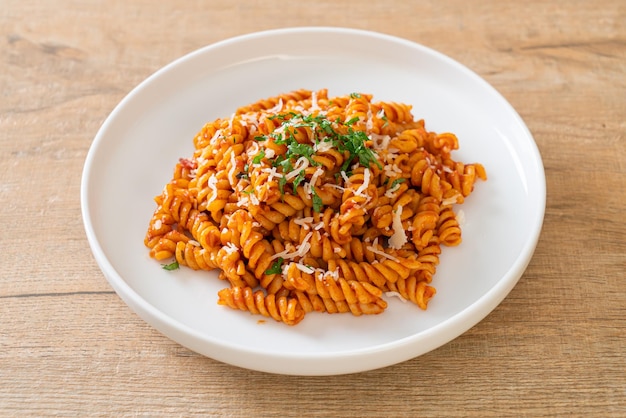 Spirali or spiral pasta with tomato sauce