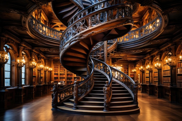 Spiraling Staircase in a Historical Library