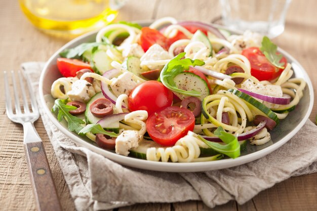 Spiralized courgette salad greek style with tomato feta olives cucumber