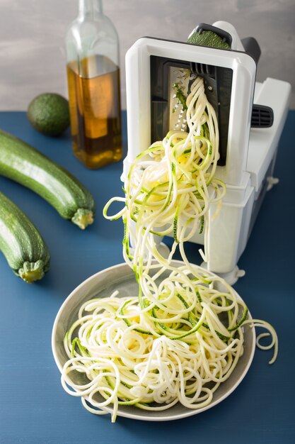 Spiralizing raw zucchini with spiralizer