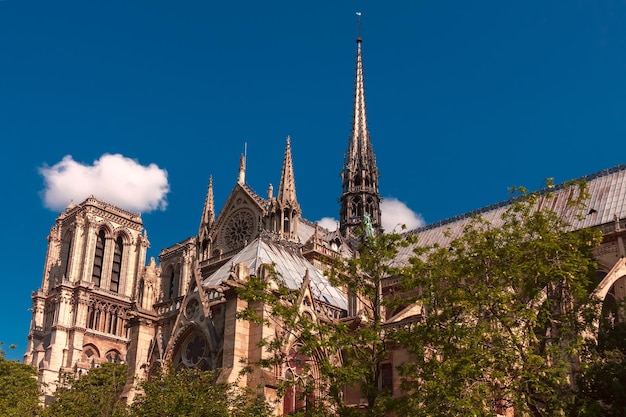 The spire right tower and roof of the cathedral notredame destroyed in a fire in  paris france