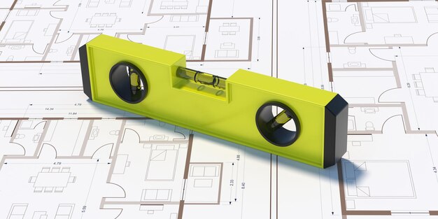 Photo spirit bubble level on blueprints background 3d illustration