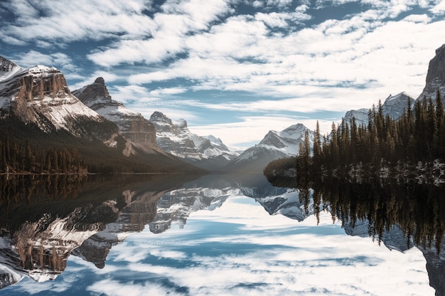 Spirit Island with Canadian Rockies on Maligne lake at Jasper national park