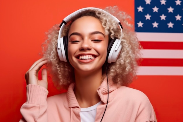 Дух патриотизма, когда молодая женщина слушает американскую патриотическую музыку AI Generated