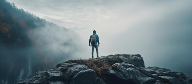 Молодой человек поднимается на вершину горы. Изображение, сгенерированное искусственным интеллектом.