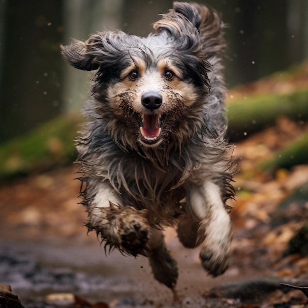 숲 을 가로질러 달리는 활기찬 개