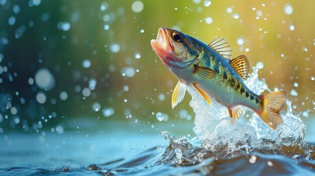 Photo spirited fish jumps energetically out of the water splashing in excitement