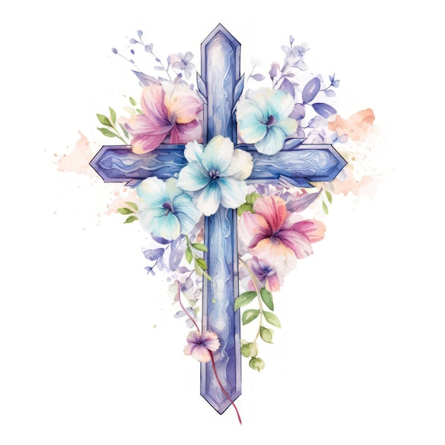 Spiritual Beauty of Flower Cross in Delicate Watercolor Clipart Combining Nature and Religious Symbo