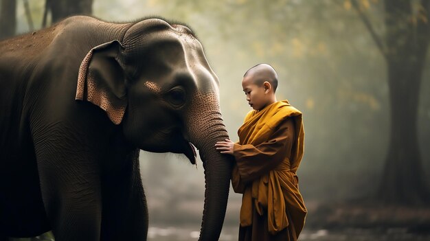 Spiritual Bond Novices or Monks Hug Elephants Thai Stand