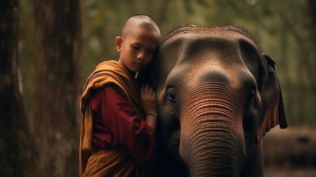Spiritual Bond Novices or Monks Hug Elephants Thai Stand