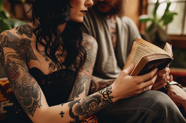 Foto coppia tatuata che legge un libro religioso