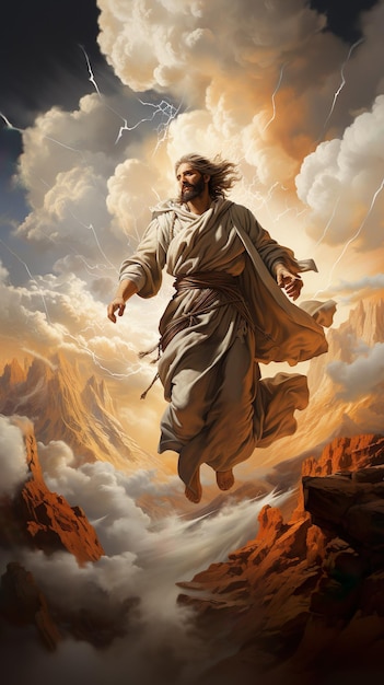 Духовная связь Эфирная иллюстрация Иисуса, идущего на облаках Божественное путешествие