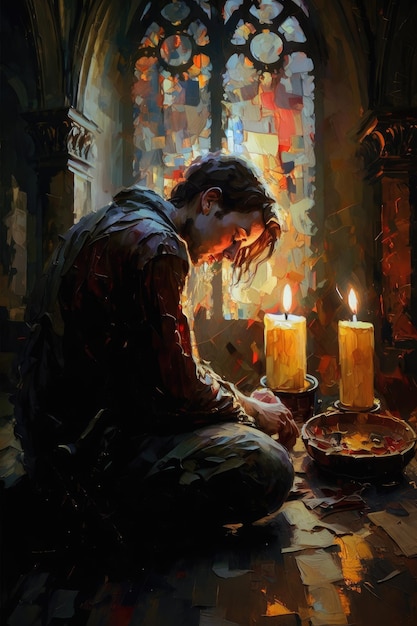Foto la devozione spirituale in un dipinto a olio inginocchiarsi in preghiera ia generativa
