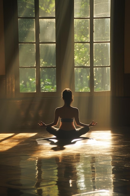 Spiritual but nonreligious person practicing yoga in a sunlit room reflecting a blend of wellness and spirituality ar 23 v 6 Job ID 7b490454fa684ea1950a5cc72029030d