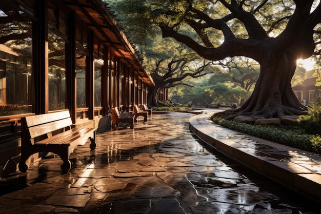 100년 된 나무와 부드러운 빛 생성 IA 아래 조용한 복도에 영적인 길이 얽혀 있습니다.