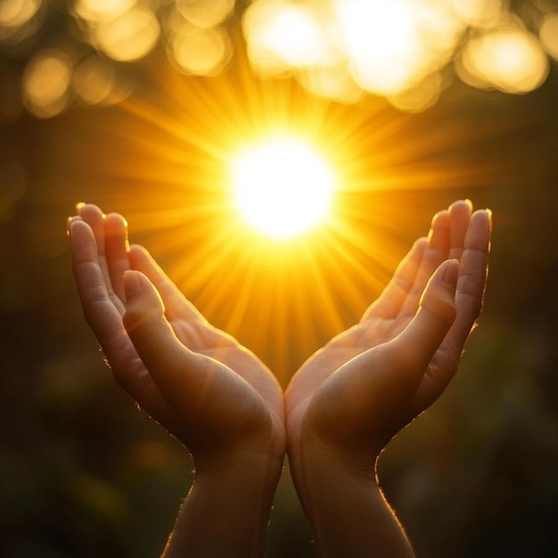 Spiritual prayer hands over sun shine with blurred beautiful sunset |  Premium AI-generated image
