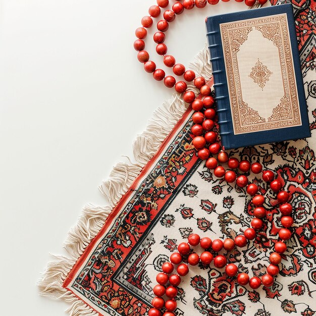 Фото Духовные размышления коран и молитвенные бусы на украшенном ковре