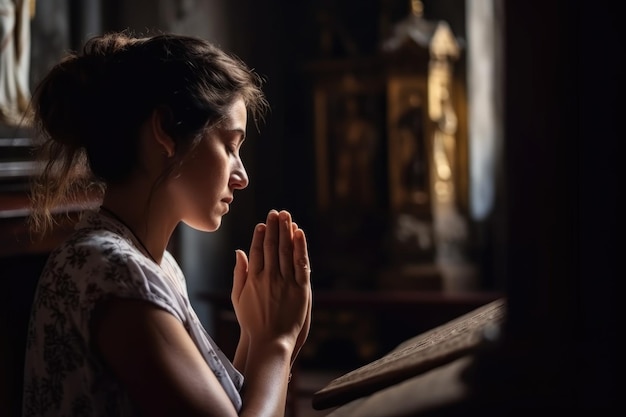 Spiritual woman praying hands and worship in church while on a pilgrimage created with generative ai