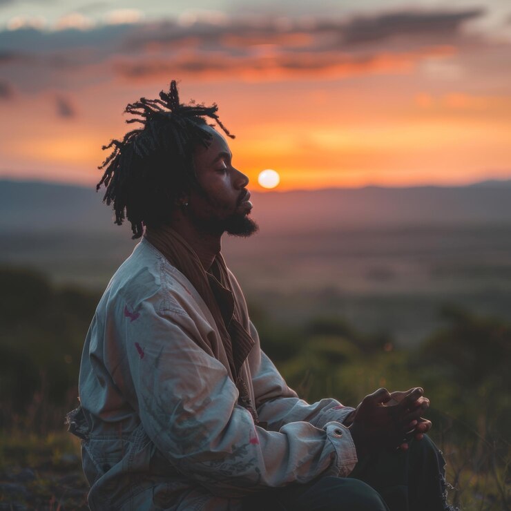 Spiritual Young African Man Praying on Mountain Top at Sunrise
