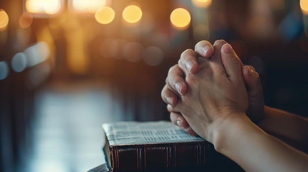 Spirituality and religion hands folded in prayer on a holy bible in church concept for faith