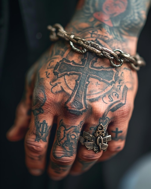 Spirituele band getatoeëerde hand die een kruis hanger vasthoudt