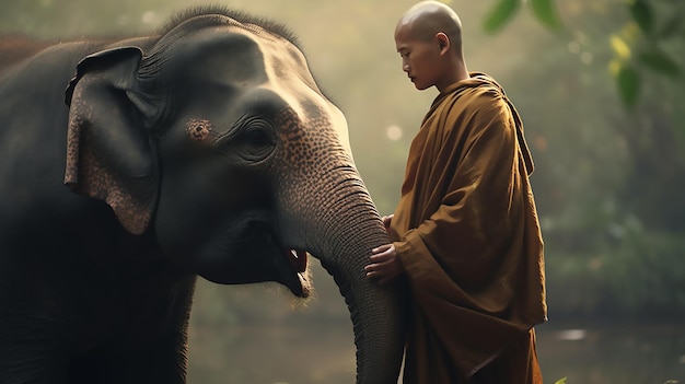 Spirituele banden Novices of monniken knuffelen olifanten Thaise stand