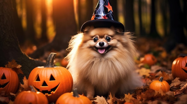 Spitz breed dog in Halloween costume in the woods surrounded by pumpkin lanterns