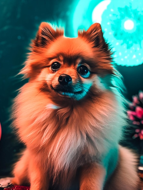 Spitz dog closeup sitting near the tv