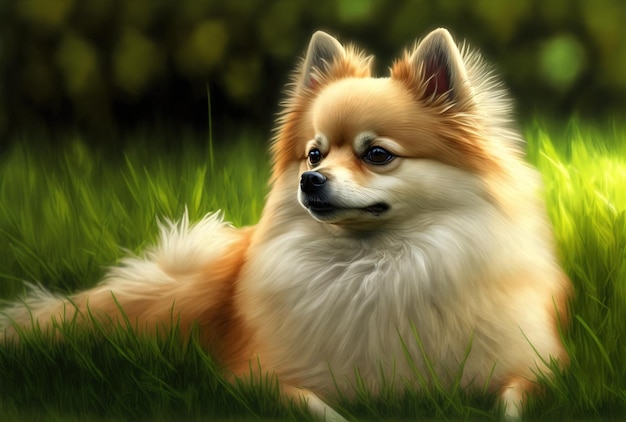 Spitz dog rests on a lush lawn