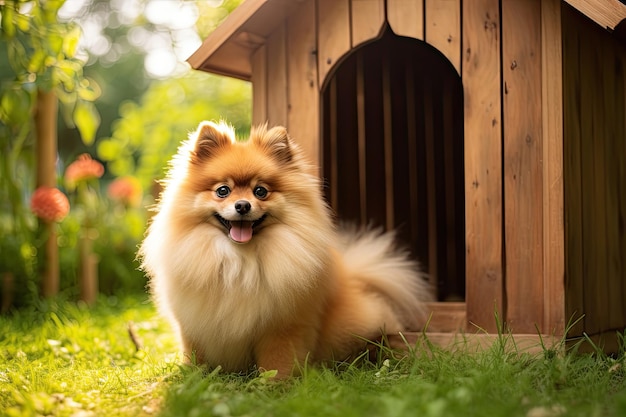 Spitz in een hondenhok op het gazon in de zomer