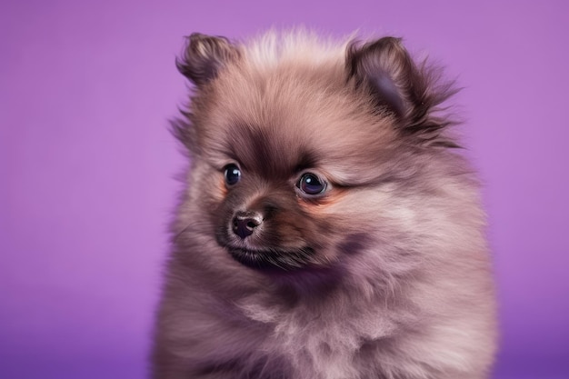 Spitz puppy with soft coat against a lilac background