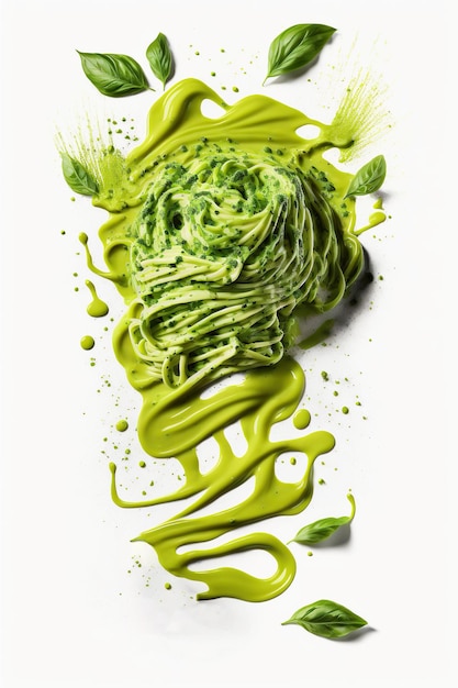 Foto splash e levitazione di un delizioso piatto di pasta verde con salsa al pesto